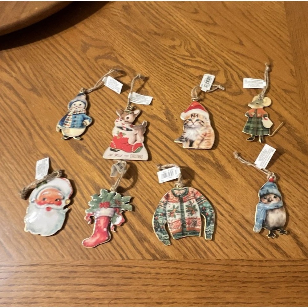 Cracker Barrel Vintage Style Wooden Christmas Ornaments Set of 8 Santa Animal